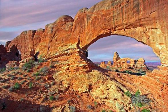 Turret Arch through Window Arch at Sunrise; Arches NP, UT